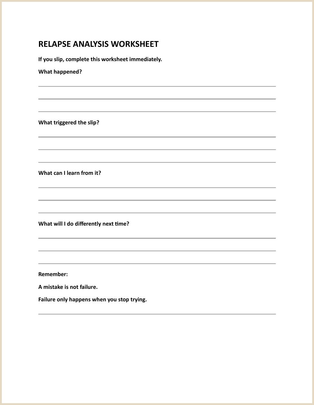 Relapse Analysis Worksheet page